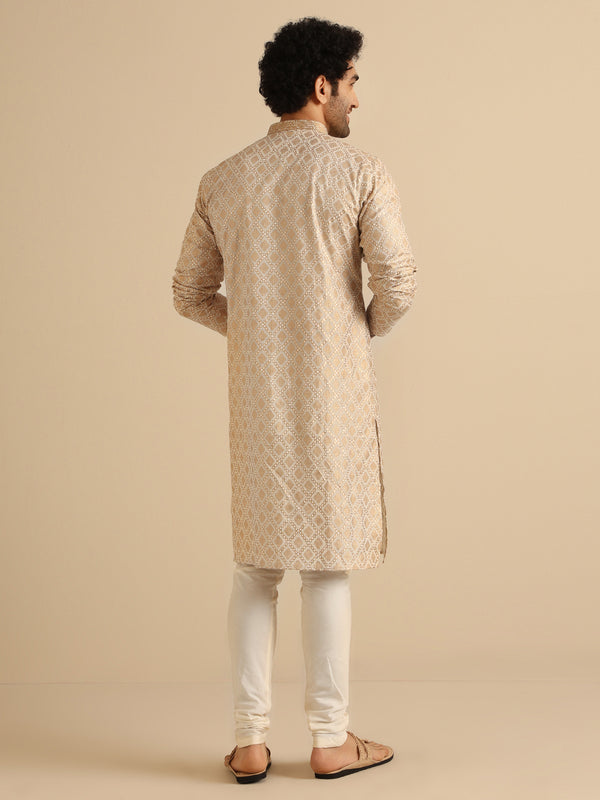 Beige Silk Blend Kurta Set with Intricate Jacquard Woven Pattern and Cream Churidar â€“ Festive & Wedding Ensemble