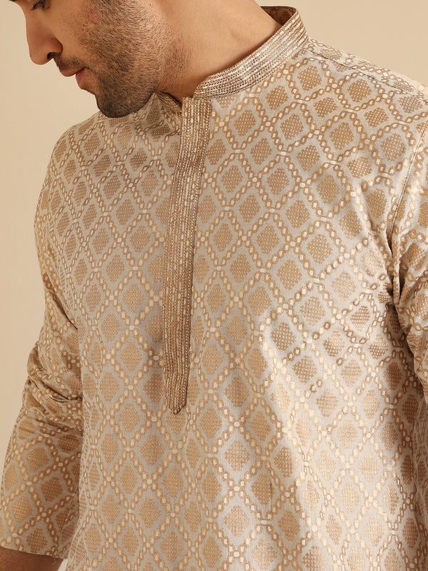 Beige Silk Blend Kurta Set with Intricate Jacquard Woven Pattern and Cream Churidar â€“ Festive & Wedding Ensemble