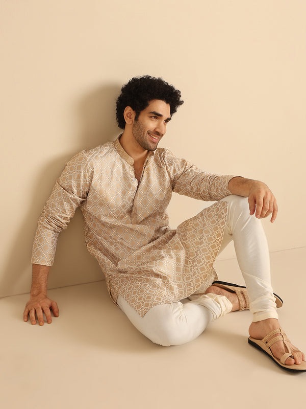 Beige Silk Blend Kurta Set with Intricate Jacquard Woven Pattern and Cream Churidar â€“ Festive & Wedding Ensemble