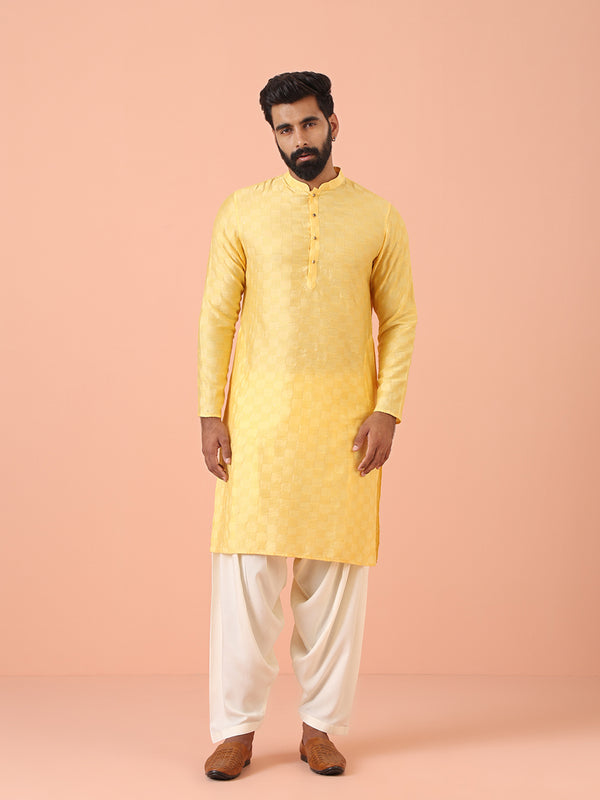 Yellow Jacquard Kurta with White Patiala