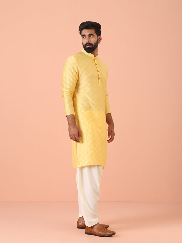 Yellow Jacquard Kurta with White Patiala