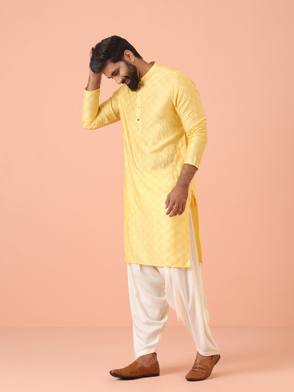 Yellow Jacquard Kurta with White Patiala