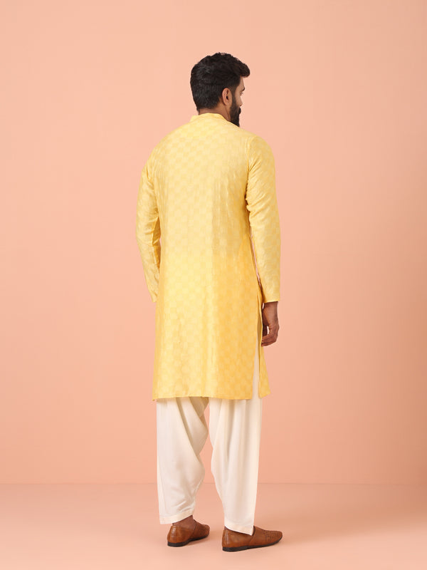 Yellow Jacquard Kurta with White Patiala
