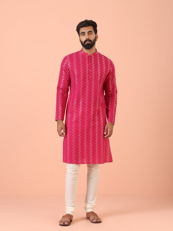 Pink Silk Blend Kurta Set with Metallic Jacquard Woven Design and Cream Churidar â€“ Festive & Wedding Ensemble