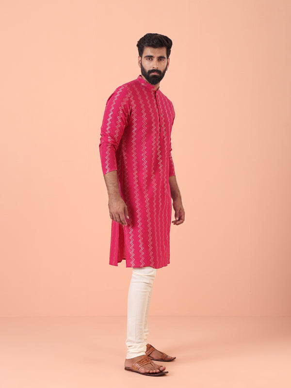 Pink Silk Blend Kurta Set with Metallic Jacquard Woven Design and Cream Churidar â€“ Festive & Wedding Ensemble