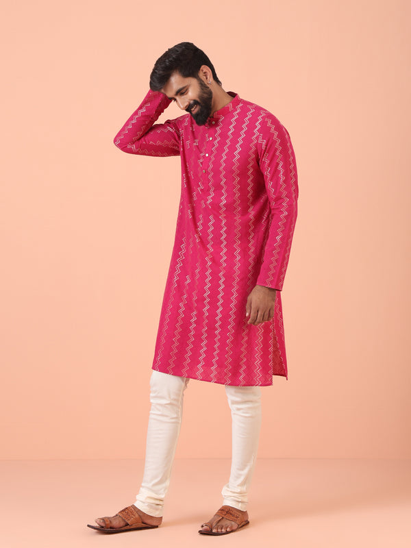 Pink Silk Blend Kurta Set with Metallic Jacquard Woven Design and Cream Churidar â€“ Festive & Wedding Ensemble