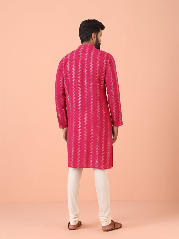 Pink Silk Blend Kurta Set with Metallic Jacquard Woven Design and Cream Churidar â€“ Festive & Wedding Ensemble