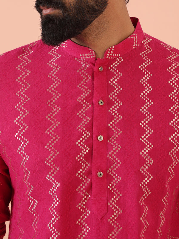 Pink Silk Blend Kurta Set with Metallic Jacquard Woven Design and Cream Churidar â€“ Festive & Wedding Ensemble
