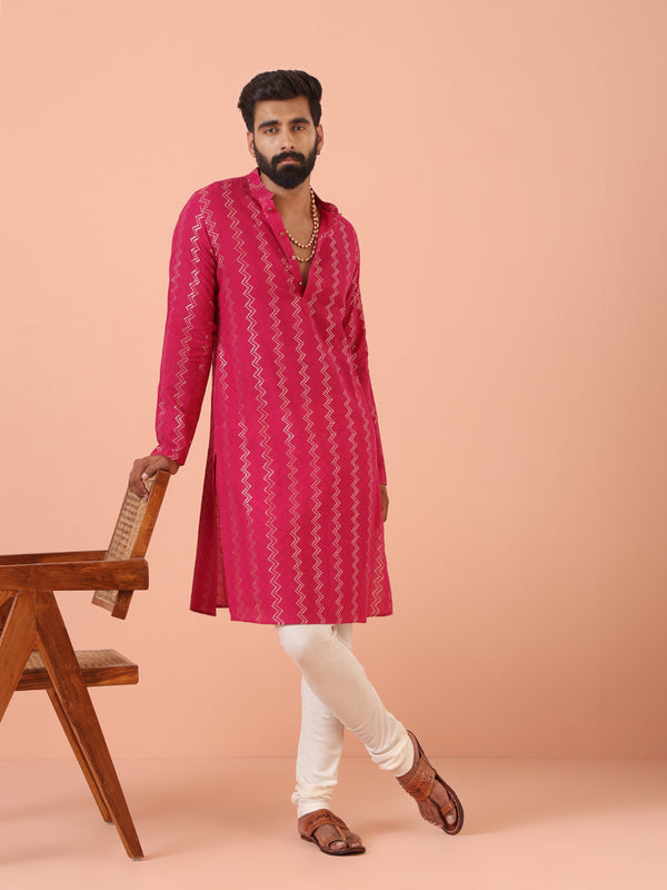 Pink Silk Blend Kurta Set with Metallic Jacquard Woven Design and Cream Churidar â€“ Festive & Wedding Ensemble