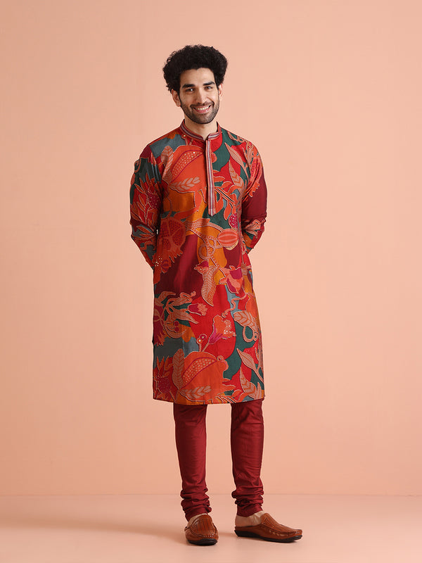 Multi-Color Printed Kurta with Maroon Churidar