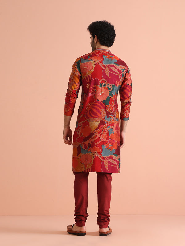 Multi-Color Printed Kurta with Maroon Churidar