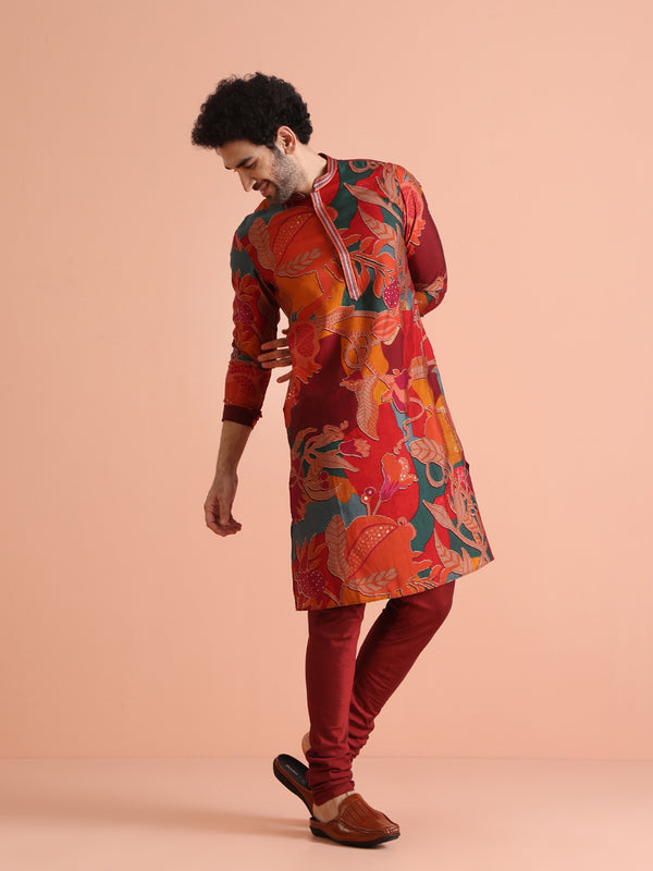 Multi-Color Printed Kurta with Maroon Churidar