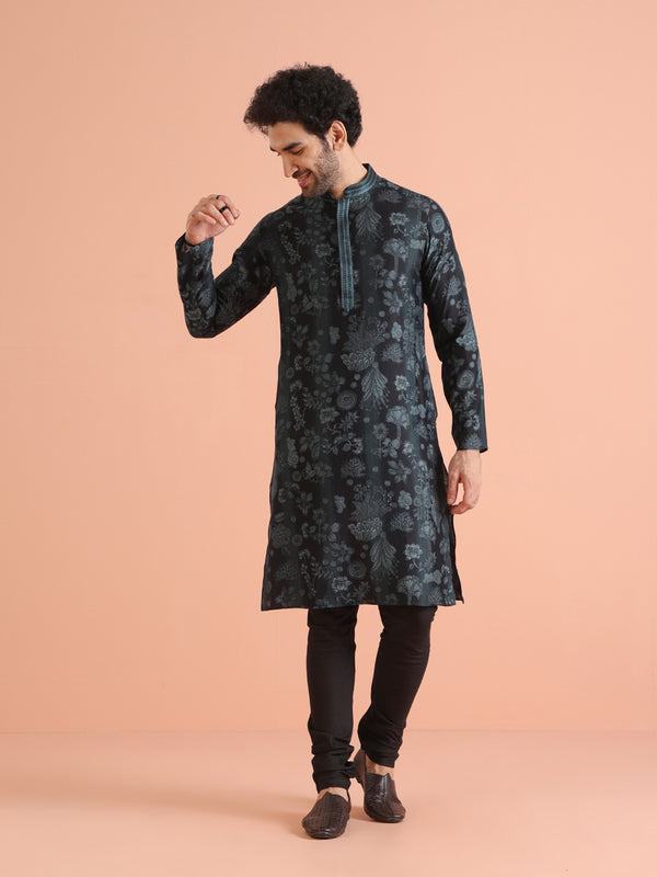 Black Floral Printed Kurta Churidar Set