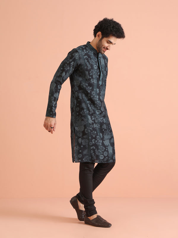 Black Floral Printed Kurta Churidar Set