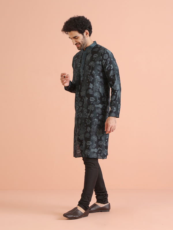 Black Floral Printed Kurta Churidar Set