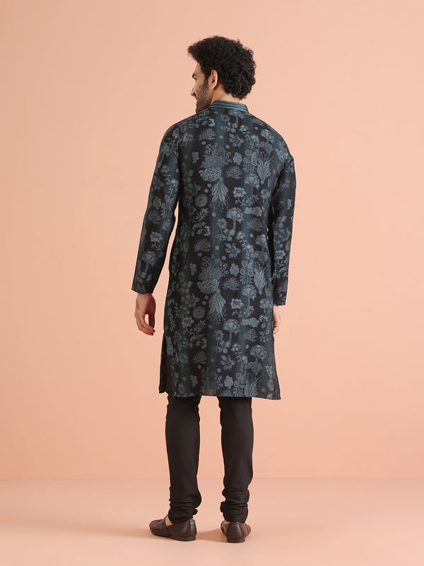 Black Floral Printed Kurta Churidar Set