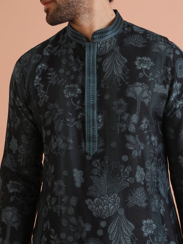 Black Floral Printed Kurta Churidar Set