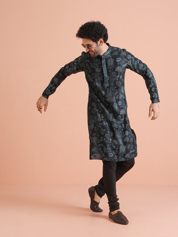 Black Floral Printed Kurta Churidar Set