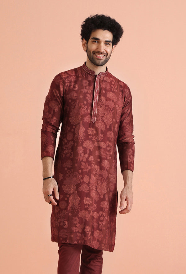 Maroon Silk Blend Floral Printed Kurta