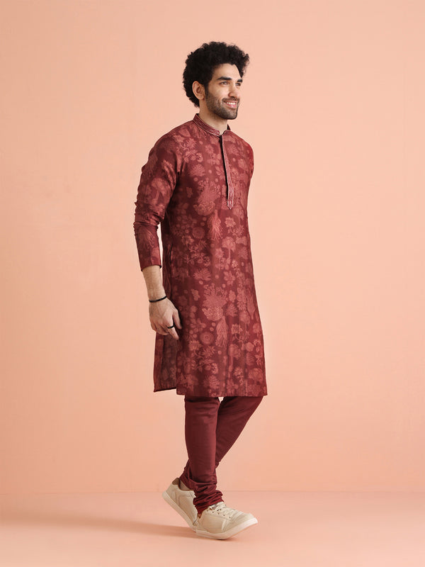 Maroon Silk Blend Floral Printed Kurta