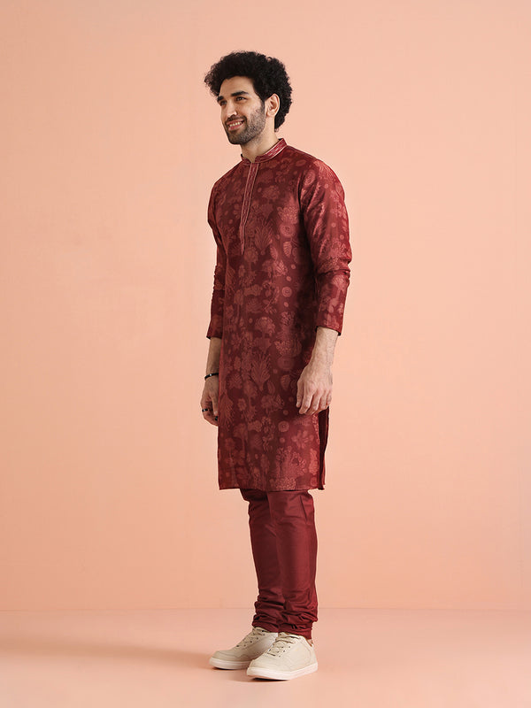 Maroon Silk Blend Floral Printed Kurta