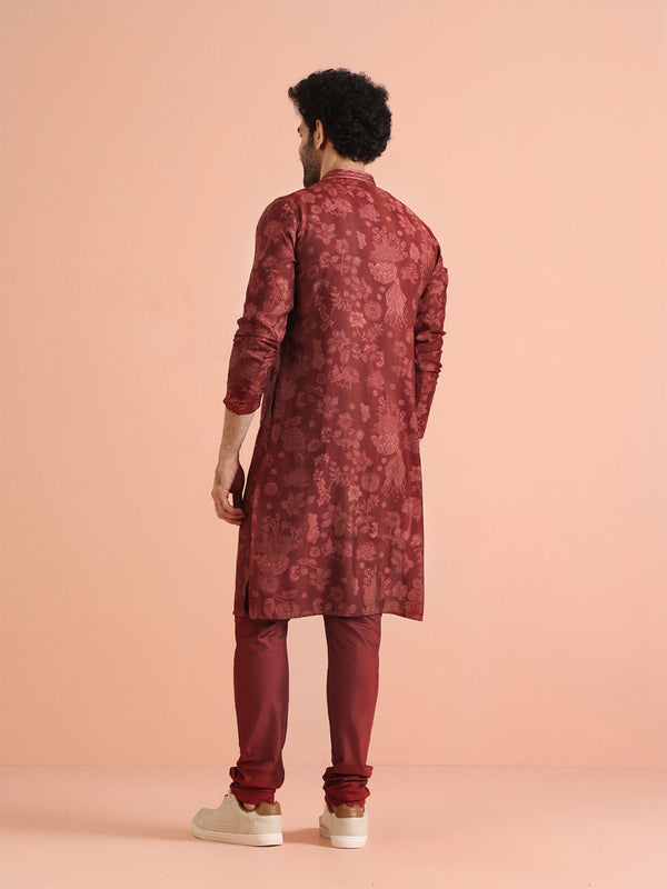 Maroon Silk Blend Floral Printed Kurta