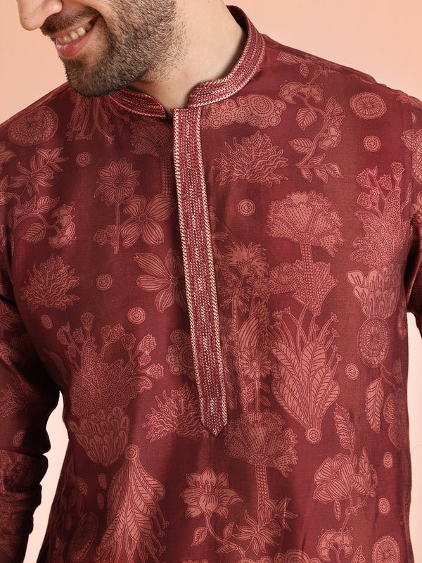Maroon Silk Blend Floral Printed Kurta
