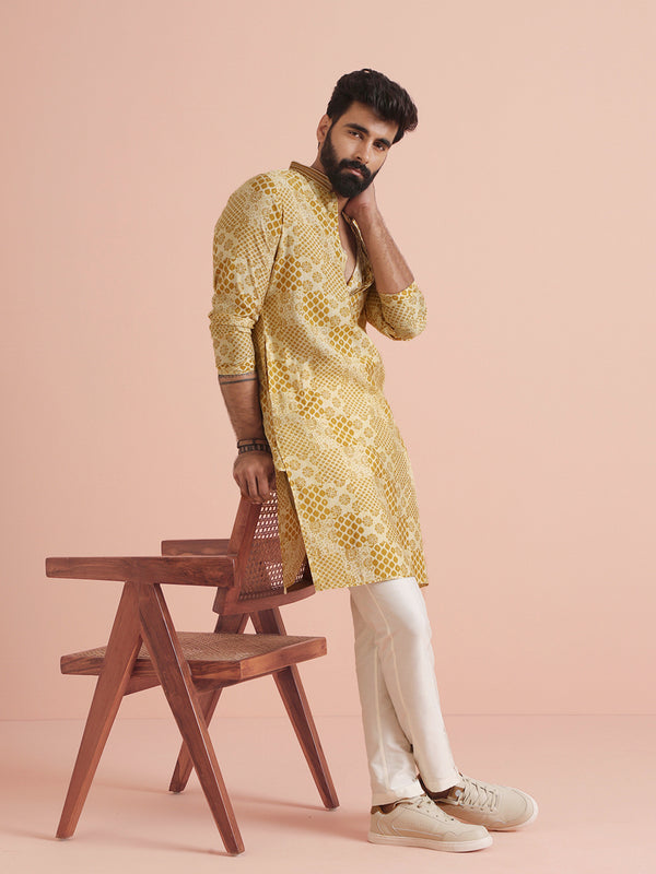 Men Mustard Ethnic Motifs Kurta Trouser Set