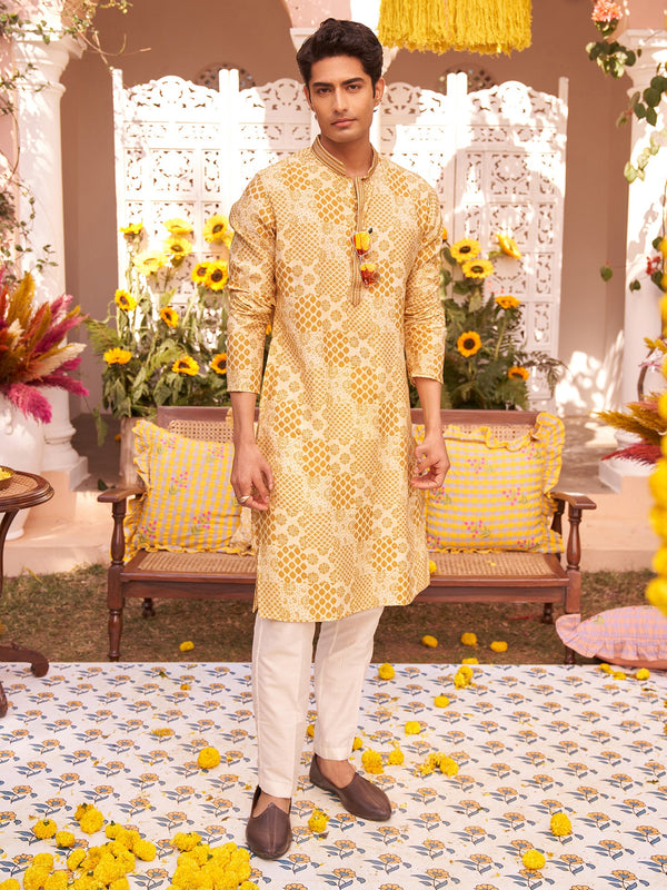 Men Mustard Ethnic Motifs Kurta Trouser Set