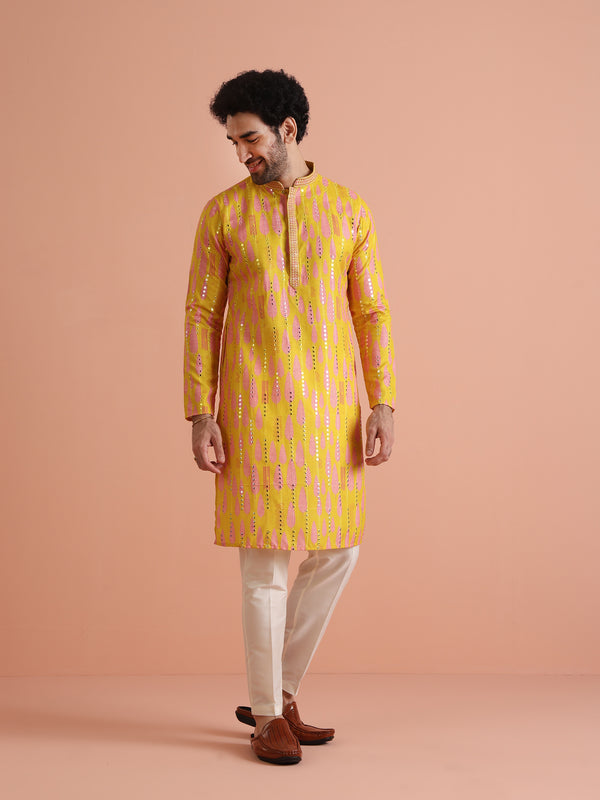 Yellow Sequin Kurta with Cream Trouser Set