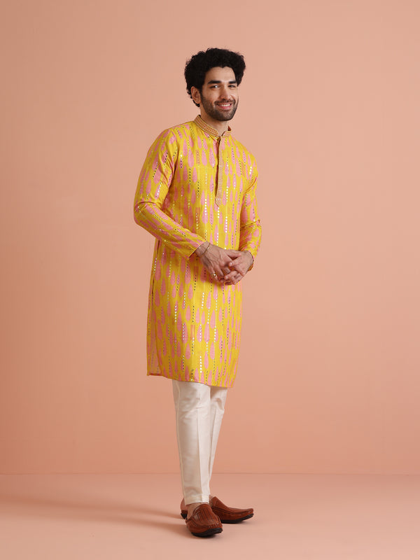 Yellow Sequin Kurta with Cream Trouser Set