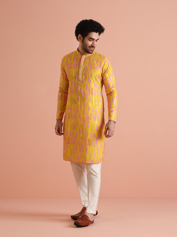 Yellow Sequin Kurta with Cream Trouser Set