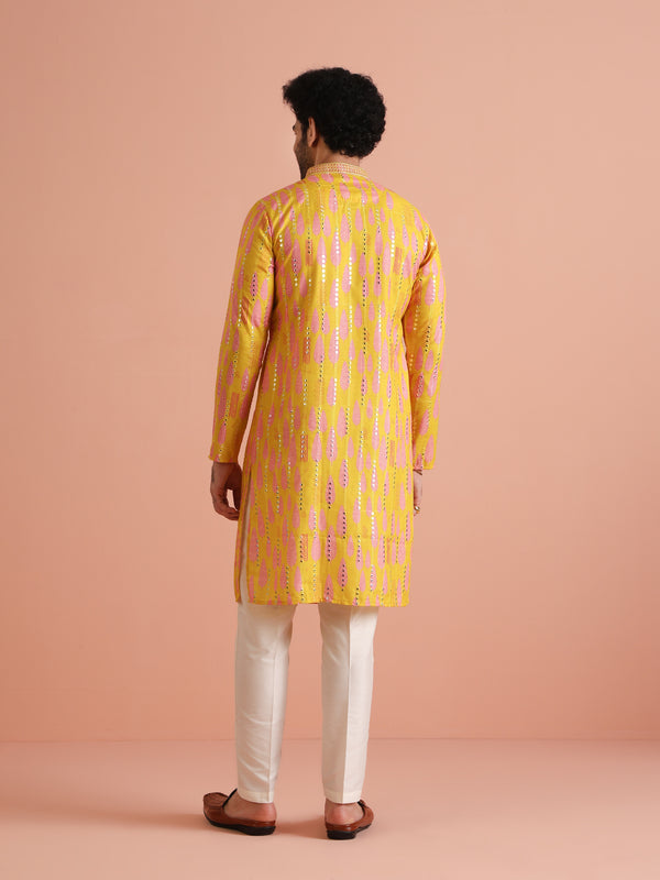 Yellow Sequin Kurta with Cream Trouser Set