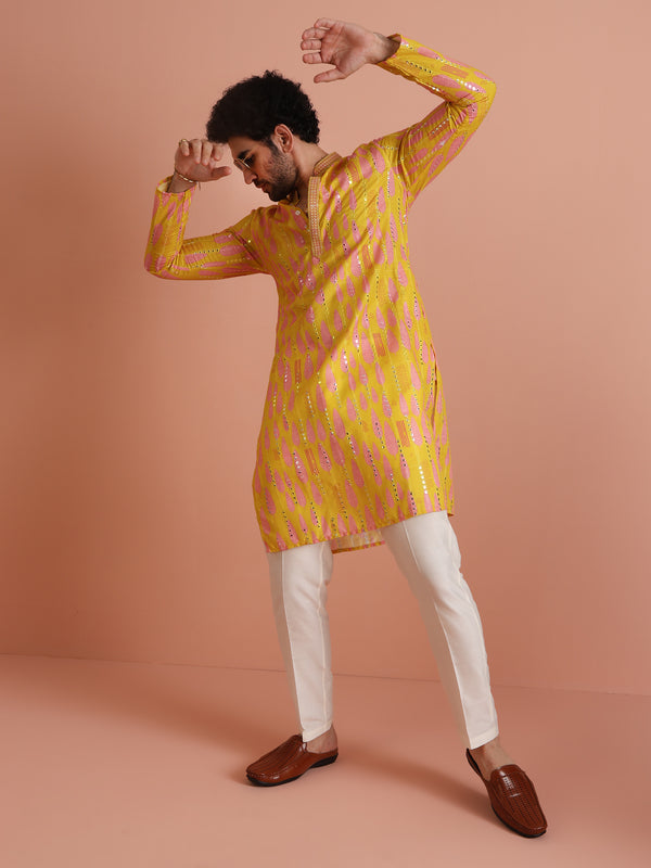 Yellow Sequin Kurta with Cream Trouser Set