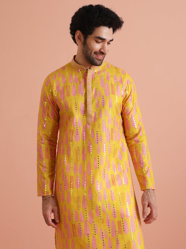 Yellow Sequin Kurta with Cream Trouser Set