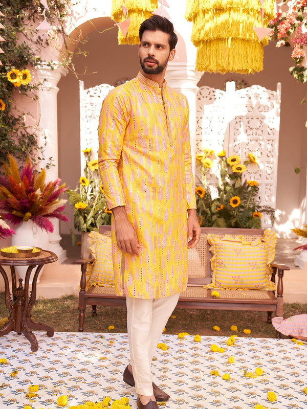 Yellow Sequin Kurta with Cream Trouser Set