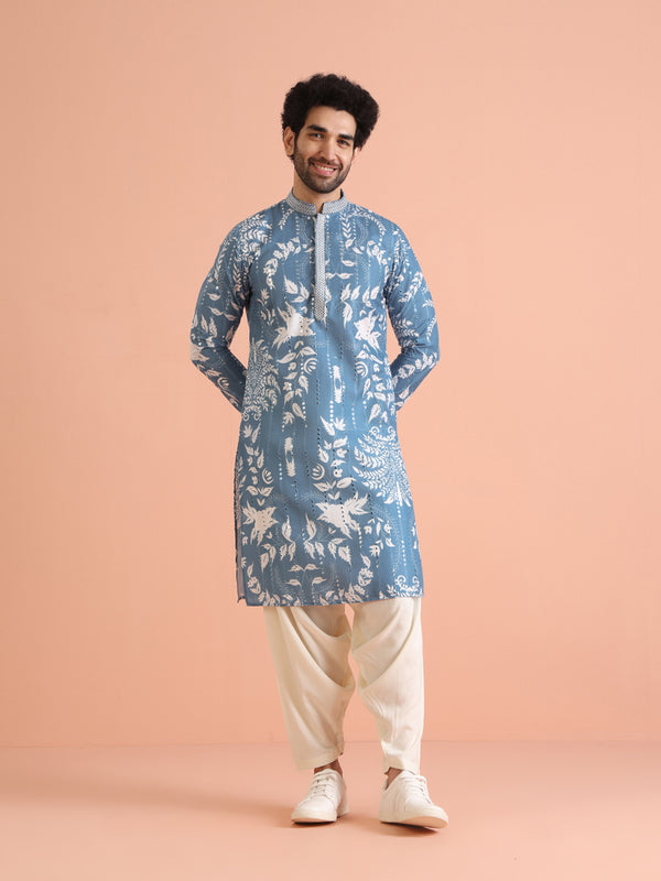 Blue Printed Cotton Blend Kurta Patiala Set