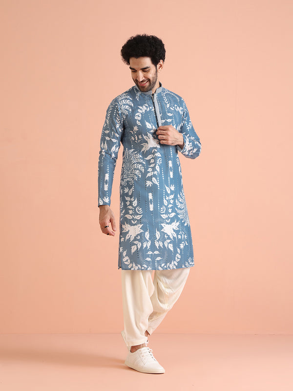 Blue Printed Cotton Blend Kurta Patiala Set