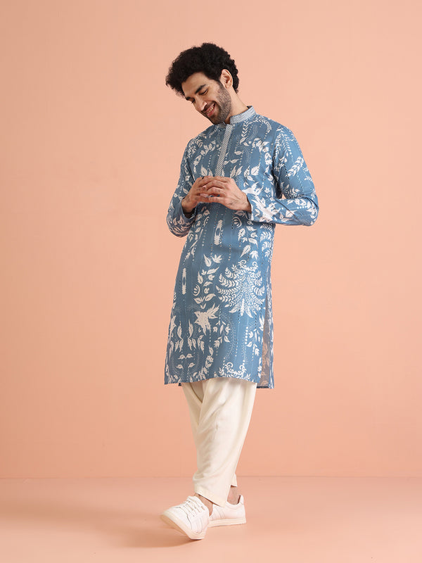 Blue Printed Cotton Blend Kurta Patiala Set