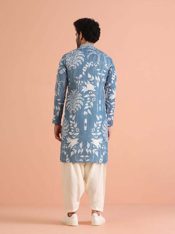 Blue Printed Cotton Blend Kurta Patiala Set