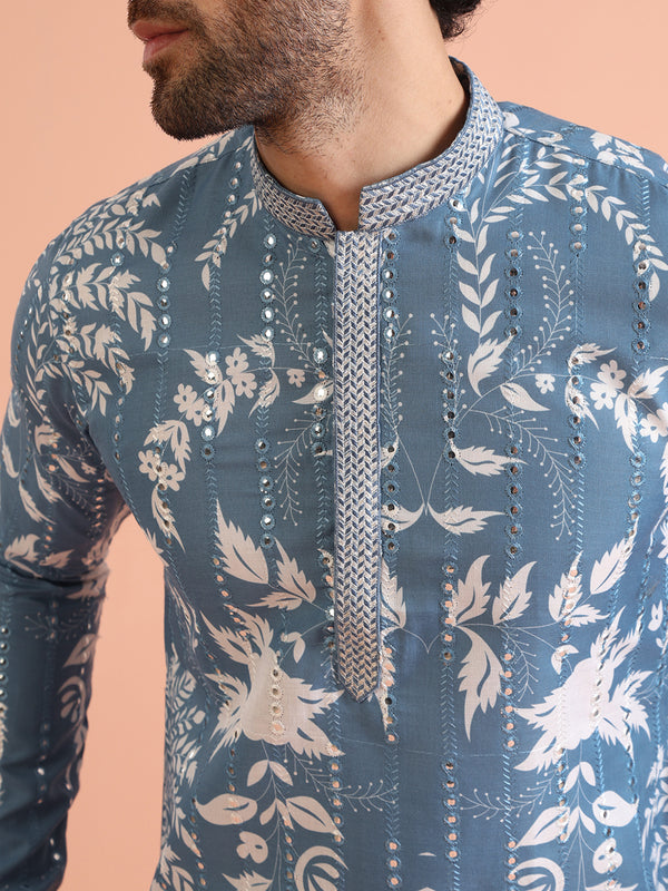 Blue Printed Cotton Blend Kurta Patiala Set