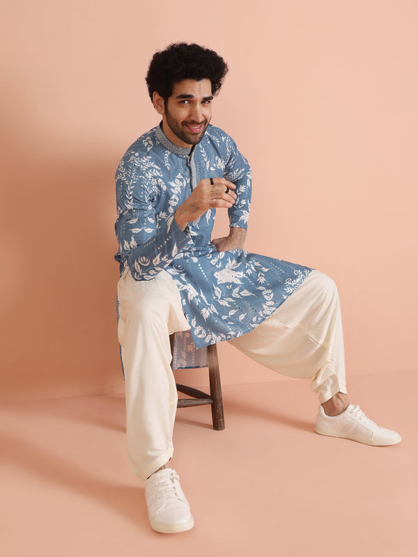 Blue Printed Cotton Blend Kurta Patiala Set
