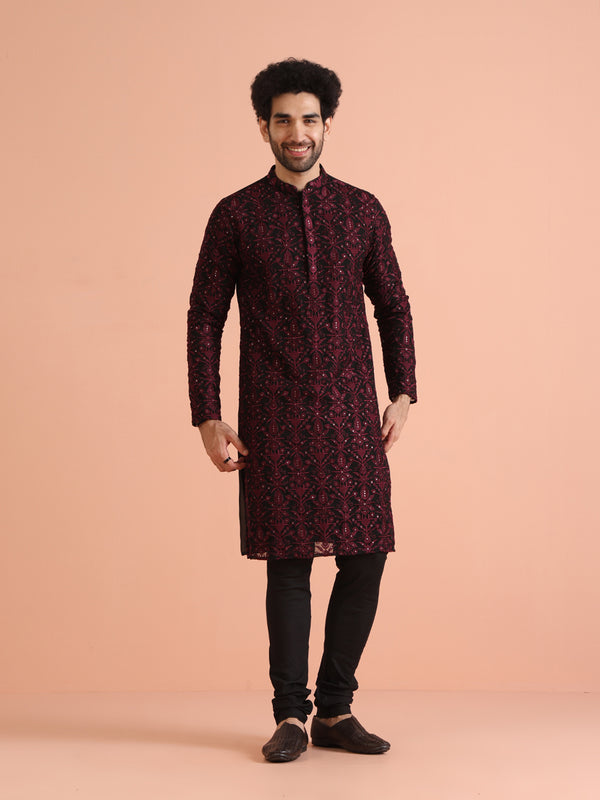 Men Black Heavy Thread Work Kurta Churidar Set