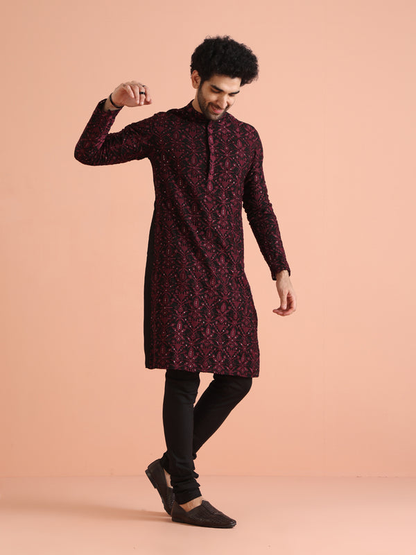 Men Black Heavy Thread Work Kurta Churidar Set