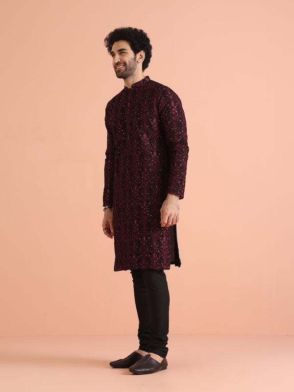 Men Black Heavy Thread Work Kurta Churidar Set