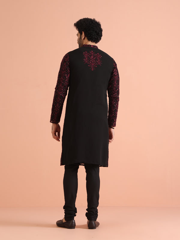 Men Black Heavy Thread Work Kurta Churidar Set