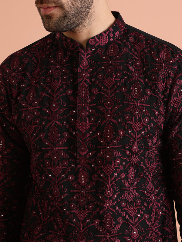 Men Black Heavy Thread Work Kurta Churidar Set