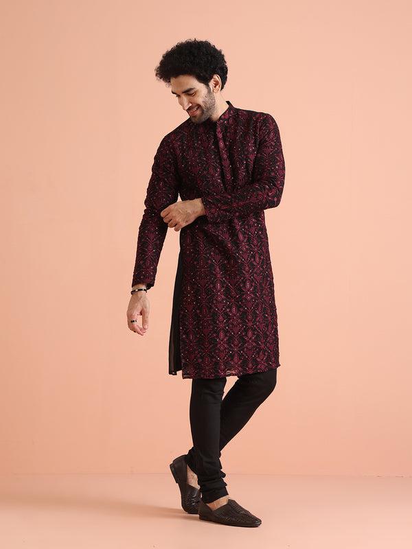 Men Black Heavy Thread Work Kurta Churidar Set