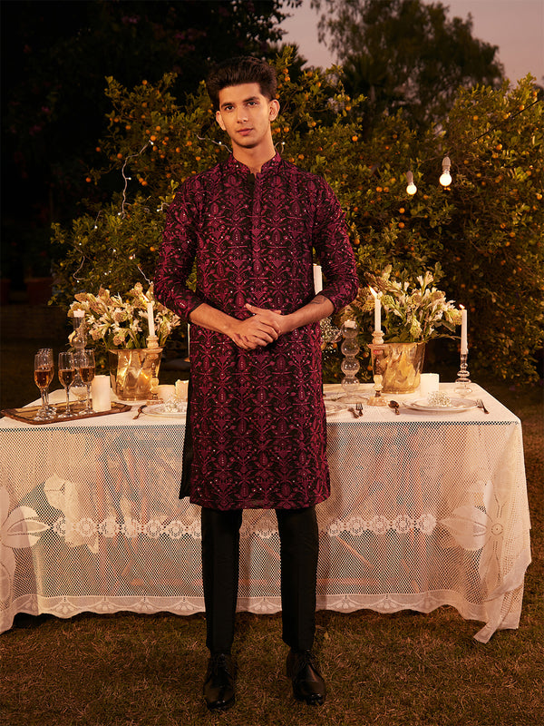 Men Black Heavy Thread Work Kurta Churidar Set