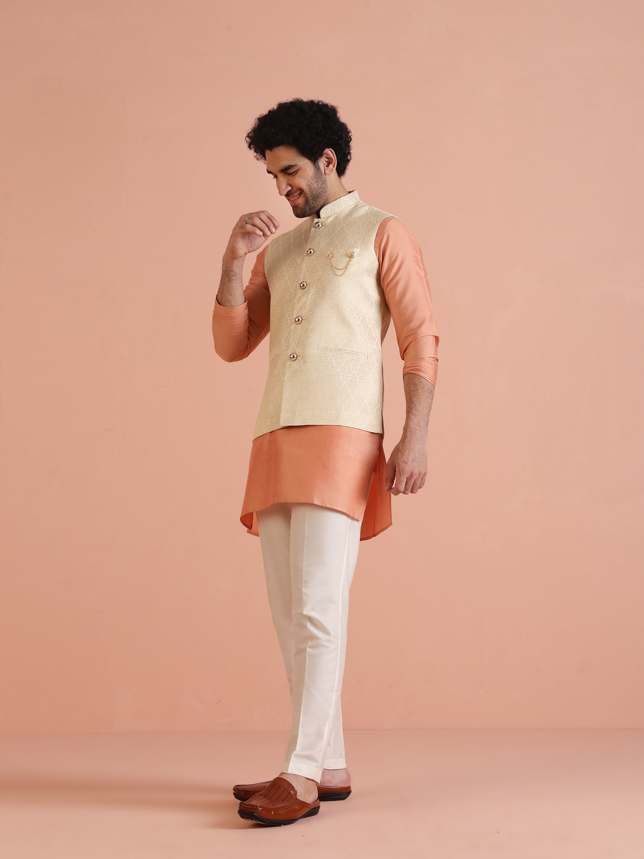 Cream Silk Blend Jacquard Nehru Jacket – Kisah
